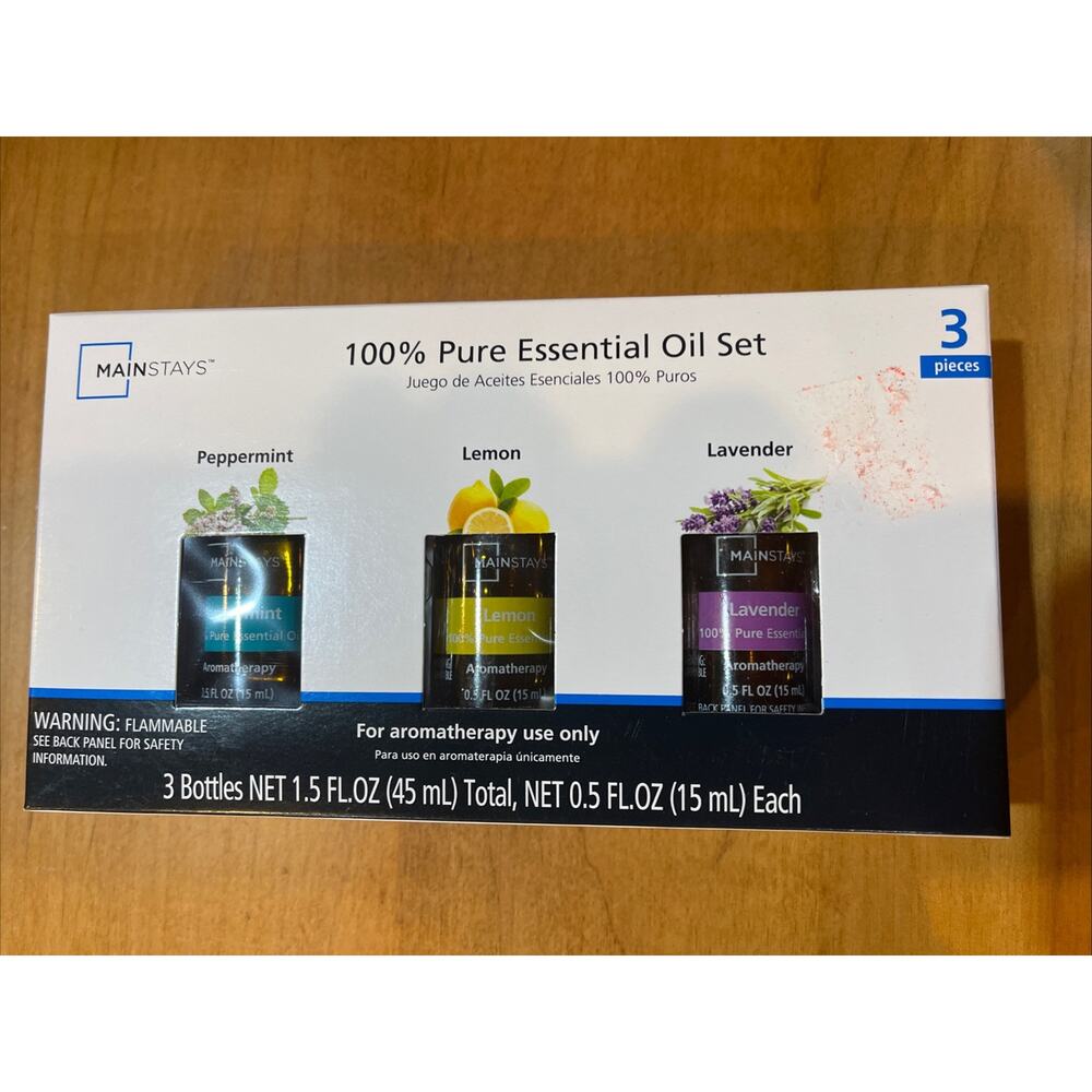 New! Mainstays 100% Pure Essential Oil Set - With Peppermint, Lemon And Lavender
